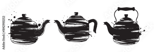 Three distinct teapots depicted in a stylish grunge ink brush stroke illustration, perfect for various design projects and culinary themes.