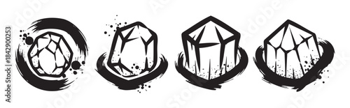 Four abstract crystal gemstone illustrations with artistic brushstrokes and ink splatters, showcasing a modern graphic design aesthetic for various creative projects.