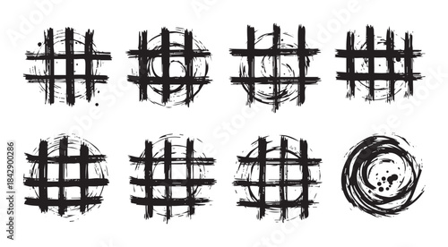 Grunge hash symbols collection featuring various distressed brushstroke patterns offering a versatile set of artistic and textured design elements for creative projects.