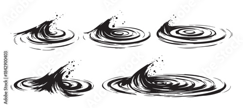 Dynamic water splashes and ripples create abstract liquid movement with a stylized graphic design, perfect for illustrating fluid motion and energy.