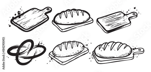 Cutting boards and bread loaves in a hand-drawn style, featuring rustic kitchen elements with an artistic ink splatter effect, ideal for culinary themes.