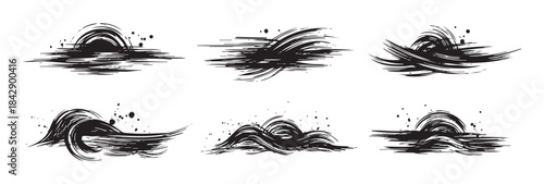 Abstract black ink brush strokes create a dynamic collection of stylized wave patterns with expressive textures and artistic splatters, perfect for creative design elements.