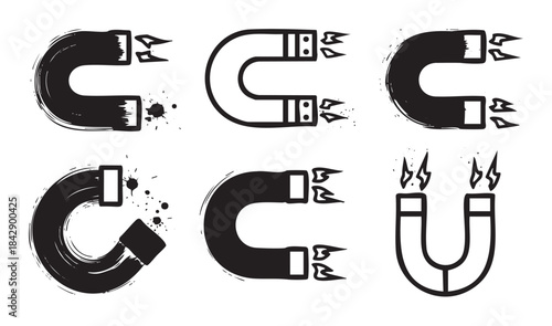 Six stylized horseshoe magnets with various artistic textures and grunge effects illustrate the concept of attraction and magnetism in a creative vector collection.