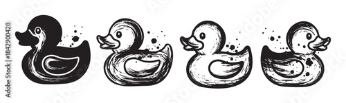 Four artistic rubber ducks illustrated with a grunge brushstroke style, creating a playful and unique black and white graphic design element.