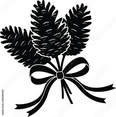 Stylized black and white graphic illustration of three pine cones tied together with a decorative ribbon bow for seasonal design