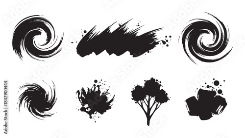 Ink brush strokes and abstract shapes create a dynamic collection of grunge textures and artistic design elements for creative projects.