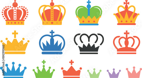 Crown Icon Collection – 12 Stylized Royal Designs in Red, Orange, Yellow, Green, Blue, Purple, Pink & Black