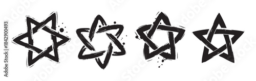 Grunge hand drawn star shapes with distressed brushstroke textures and artistic ink splatters, perfect for graphic design elements.