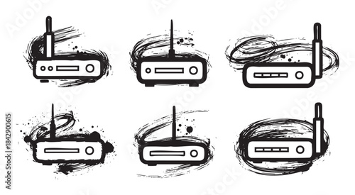 Internet routers and modems are depicted in a grunge style vector illustration set, showcasing various network devices with an artistic ink splash effect.