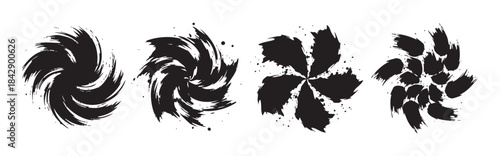 Brush strokes abstract grunge ink designs set featuring dynamic swirling patterns and textured splatters for artistic graphic elements.