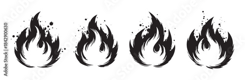 Four stylized fire flame icons with a grunge texture and ink splatters, representing heat, danger, and energy in a bold graphic design.