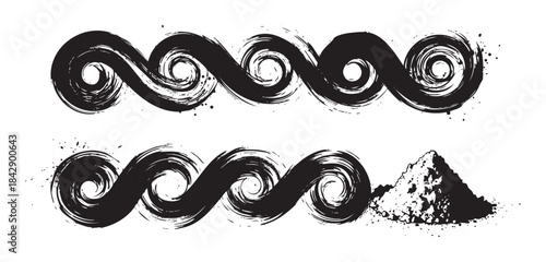 Black brush strokes create abstract wavy patterns with a textured grunge effect, featuring a small pile of granular material at the end of the lower design.