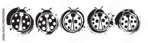 Five stylized ladybugs with grunge brushstroke texture arranged in a horizontal row, perfect for spring and nature-themed designs.