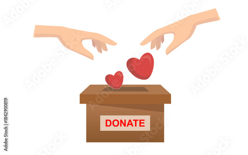 Symbolic illustration of charity with hands dropping red hearts into a brown donation box.