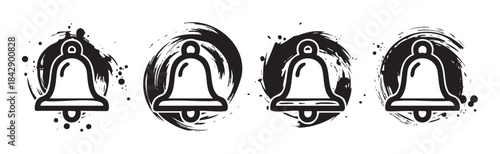 Four black bell notification icons with artistic grunge brushstroke elements creating a unique and modern alert symbol collection.