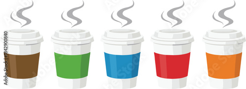 Set of steaming takeaway coffee cups with colorful sleeves illustration, hot beverage collection for cafe branding, menu design, morning drink and caffeine concept