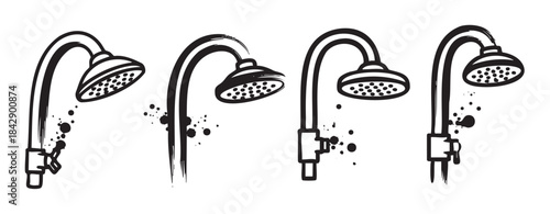 Four stylized shower heads with water droplets illustrate modern bathroom hygiene and plumbing concepts in a unique hand-drawn vector art style.