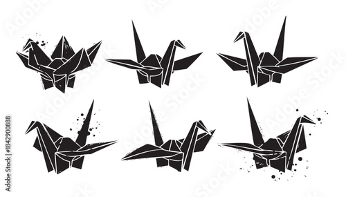 Six black origami paper cranes illustration with a grunge texture and ink splatters, showcasing traditional Japanese art and craftsmanship.