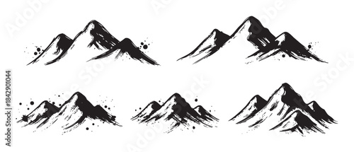 Black ink brush stroke mountains collection set featuring various stylized peaks and ranges with a textured, artistic, and minimalist design.
