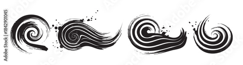 Abstract brush strokes ink elements form a set of dynamic swirling wave patterns, showcasing artistic texture and expressive splatters.