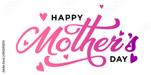 Happy Mother's Day greeting in elegant pink and purple gradient script with decorative hearts.