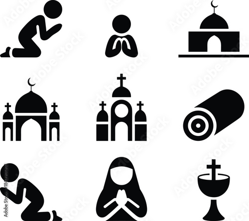 Set of religious pray icon symbols illustrating worship figures, islamic mosque, and christian church elements