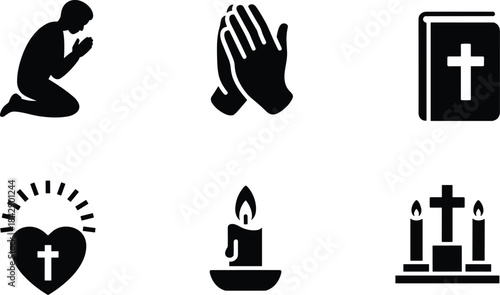 Christian pray icon set with bible, candle, heart, and worshipping individuals