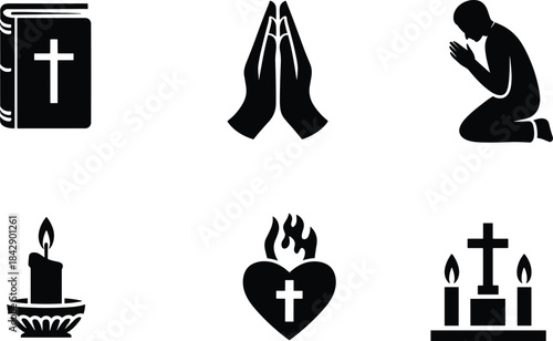 Christian pray icon with bible hands kneeling person candle sacred heart and church elements on transparent