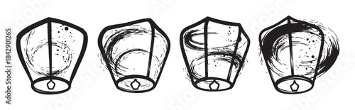 Four sky lanterns are depicted in a hand-drawn brushstroke style, illustrating traditional Asian festival elements with an artistic, grunge aesthetic.