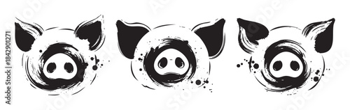 Three stylized pig faces with artistic brushstroke texture, creating a modern and expressive graphic design element for various creative projects.