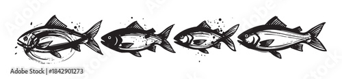 Four stylized black and white fish illustrations with a rustic, hand-drawn, and textured artistic design, perfect for seafood, fishing, or aquatic themes.