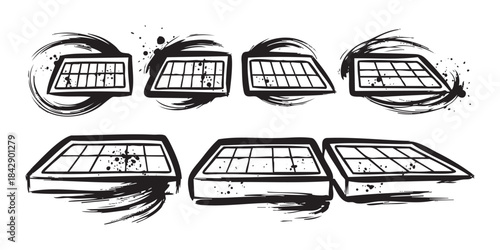 Multiple stylized solar panels with a grunge aesthetic are depicted in a dynamic black and white illustration, emphasizing renewable energy and sustainability.