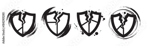 Broken shield icons with grunge brush strokes and ink splatters symbolizing damage, vulnerability, and a loss of protection in a set of four distinct styles.
