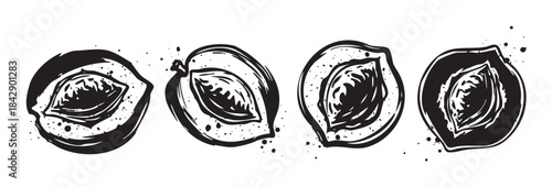 Four stylized plum halves with pits depicted in a rustic black and white woodcut illustration style, featuring textured details and ink splatters.