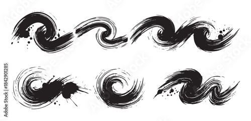 Dynamic black brush strokes create an abstract artistic design with expressive textures and swirling patterns, perfect for creative graphic elements and modern art projects.