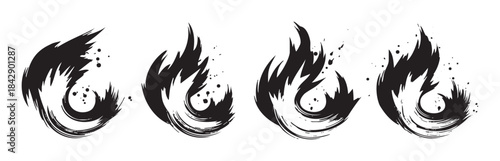 Dynamic ink brush flames vector illustration set depicting stylized fiery elements with energetic black strokes and artistic splatters.
