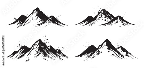 Stylized black ink mountains are depicted in a set of four distinct brush stroke illustrations, evoking a sense of rugged nature and artistic expression.