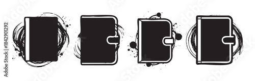 Four stylized grunge wallet icons with ink splatters and brush strokes represent financial concepts and payment methods in a modern, artistic vector illustration.