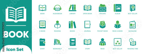 Book and reading vector icon set. Collection of education, library, literature, ebook, and study symbols. Flat design for learning apps and websites.