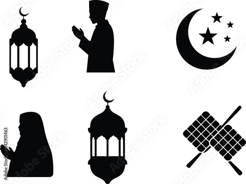 Islamic pray icon symbols including lantern, praying figures, crescent moon, mosque, and traditional food