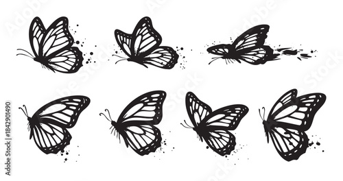Black and white butterflies collection featuring various artistic styles, from elegant silhouettes to dynamic ink splatters, creating a versatile graphic design element.