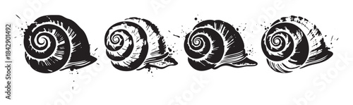 Four stylized snail shells depicted in a grunge artistic style, showcasing their intricate spiral patterns with ink splatters and rough textures.