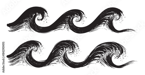Stylized black ocean waves with a dynamic brushstroke texture create an artistic and powerful visual representation of water movement.