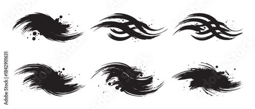 Abstract ink brush strokes set with dynamic texture and splatters, creating a versatile collection of artistic design elements for various creative projects.