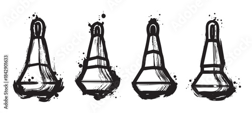 Eiffel Tower illustrations with a grunge ink style creating a set of artistic Parisian landmark sketches featuring textured brushstrokes and dynamic splatter effects.