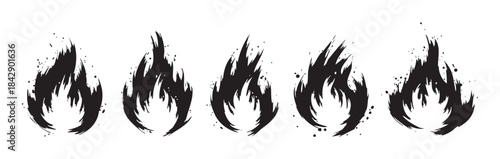 Five black grunge flame icons with a distressed brush stroke effect, representing heat, danger, and energy in a stylized graphic design.