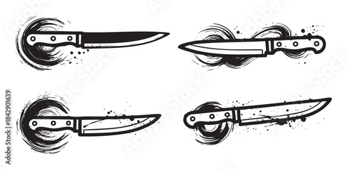 Four stylized kitchen knives with grunge ink splatters and dynamic brush strokes creating a raw, artistic vector illustration set.