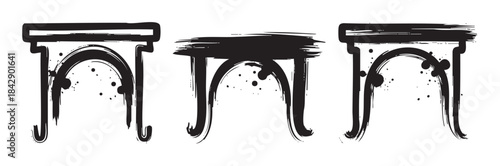 Three abstract brushstroke archway shapes with artistic ink splatters creating a grunge and decorative design element for various creative projects and graphic art.