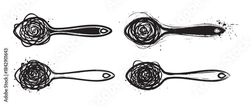 Four stylized spoons with scribbled texture are presented as a set of unique hand-drawn kitchen utensils, perfect for creative design projects.
