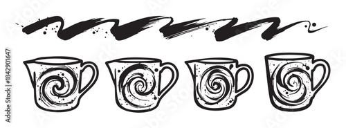 Collection of hand-drawn stylized mugs featuring unique spiral patterns and expressive ink brushstrokes, perfect for artistic design elements.